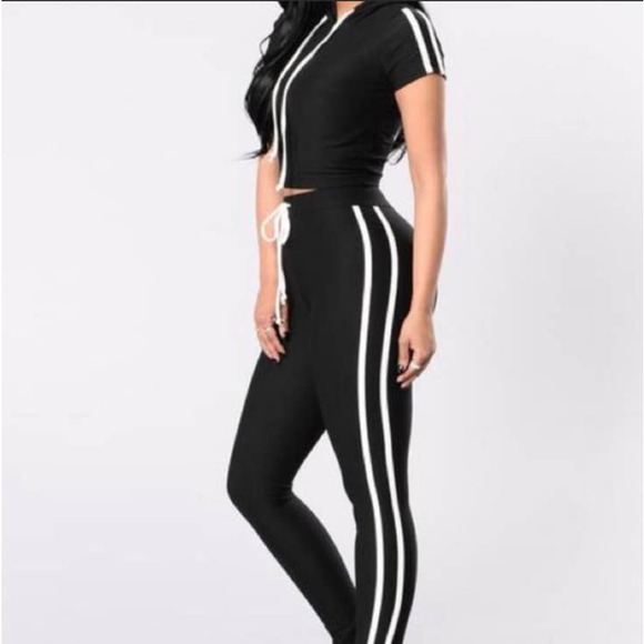 Fashion Nova Black Double White Striped Casual Active High Waisted Leggings - Picture 4 of 15